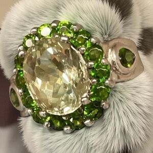 Elegant Prasiolite and Tsavorite Garnet Ring set in Sterling Silver    size 5.25